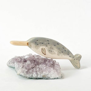 narwhal wooden animal toy, natural waldorf toys for toddlers, narwhal wood figurine