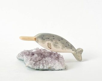 narwhal wooden animal toy, natural waldorf toys for toddlers, narwhal wood figurine