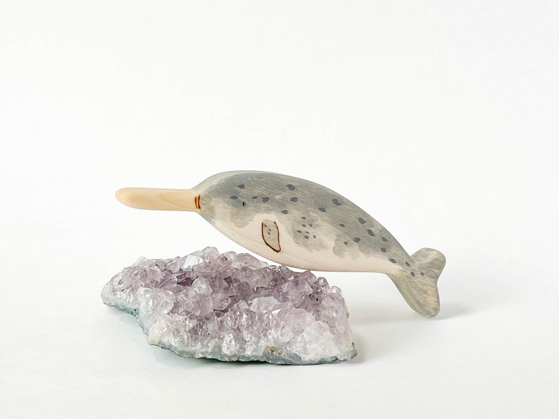 narwhal wooden animal toy, natural waldorf toys for toddlers, narwhal wood figurine image 1