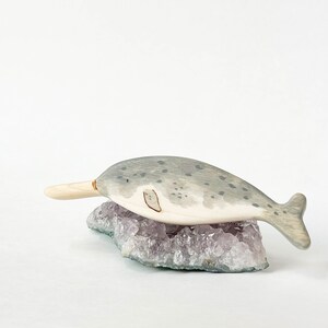 narwhal wooden animal toy, natural waldorf toys for toddlers, narwhal wood figurine image 2