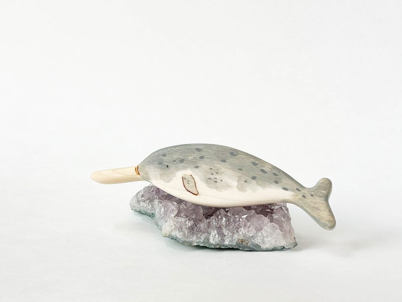 narwhal wooden animal toy, natural waldorf toys for toddlers, narwhal wood figurine image 2