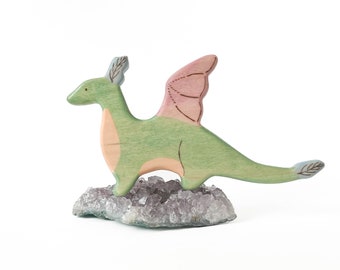 Green Wooden Dragon Toy: handcrafted fantasy animal figurine