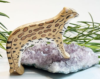 ocelot wooden animal toy, waldorf animal toys, cat wood figurine, jungle cat wood toys