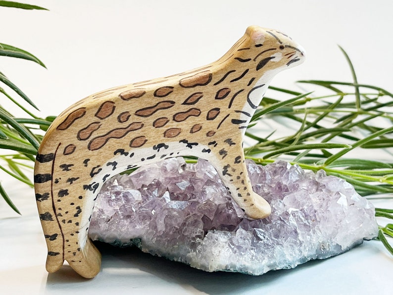 ocelot wooden animal toy, waldorf animal toys, cat wood figurine, jungle cat wood toys image 1