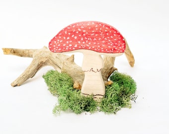 amanita muscaria figurine, mushroom wooden waldorf toy for nature table decor