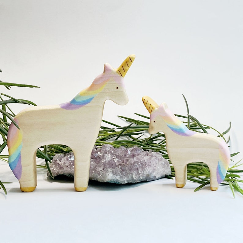 unicorn wooden toy, natural wood animal toys for toddlers, birthday cake topper for child, mythical animal figurines image 3