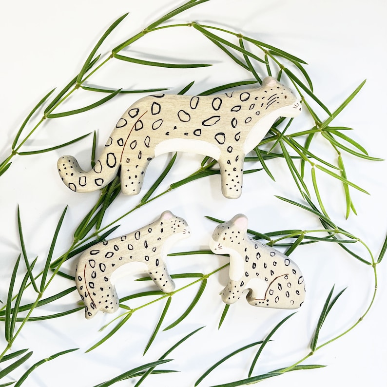 animal wood toys, baby snow leopard wooden toys, natural waldorf toys, small world play animal figurines image 3