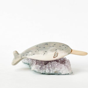 narwhal wooden animal toy, natural waldorf toys for toddlers, narwhal wood figurine image 3