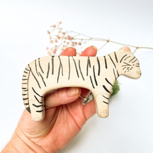 white tiger wooden waldorf animal toy, gift for cat lover image 3