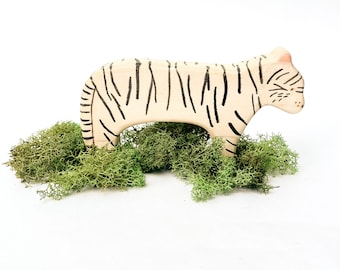 white tiger wooden waldorf animal toy, gift for cat lover