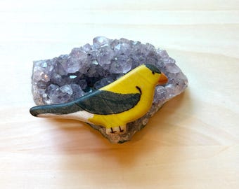 goldfinch miniature wooden figurine. wooden toy bird