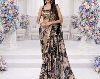 Black Organza Ready To Wear Saree: Sequins Embroidery, Indian Wedding Wear