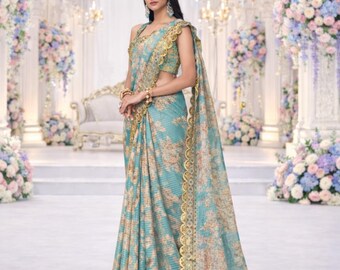 Sky Blue Organza Ready To Wear Saree: Sequins Embroidery, Indian Wedding Wear