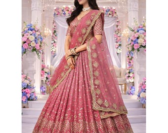 Peach Lehenga Choli : Mit Zari besticktes indisches Hochzeitsoutfit