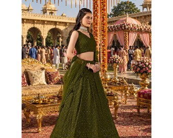 Green Lehenga Choli With Dupatta For Women: Resham & Sequins Embroidered Indian Wedding Wear
