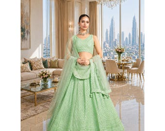 Pistachio Green Lehenga Choli: Georgette Embroidery Indian Wedding Wear