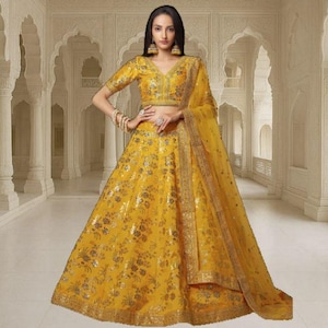Lehenga Choli amarillo listo para usar para mujer: atuendo de boda indio, lentejuelas y bordados