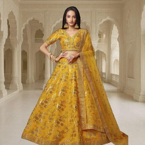 Yellow Ready To Wear Lehenga Choli For Women: Indian Wedding Wear, Sequins & Embroidery