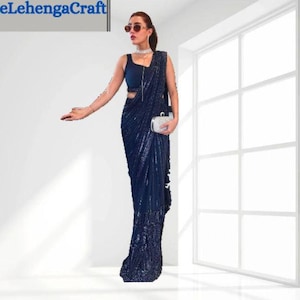 Blue Georgette Ready To Wear Saree: Sequence Embroidery, Stitched Blouse