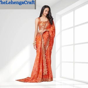 Orange Georgette Ready To Wear Saree For Women: Indian Wedding Wear, Sequins Embroidery