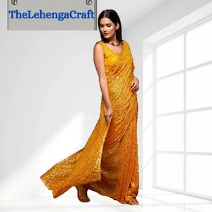 Honig-gelber Georgette bereit, Saree zu tragen: Pailletten-Stickerei indische Hochzeitskleidung