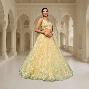 Yellow Sequin Embroidered Lehenga Choli: Indian Wedding Wear