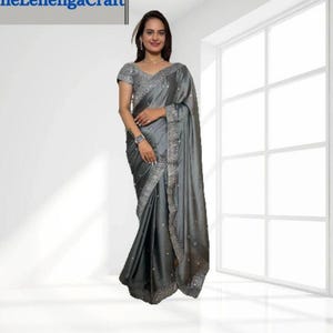 Grey Rangoli Silk Ready To Wear Saree: Sequence & Dori Work, Stitched Indian Wedding Wear