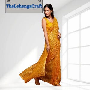 Honig-gelber Georgette bereit, Saree zu tragen: Pailletten-Stickerei indische Hochzeitskleidung