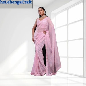 Pink Georgette Ready To Wear Saree For Women: Indian Wedding Wear, Sequence Embroidery