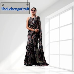 Black Lurex Brasso Saree: Ready To Wear Floral Stitched Saree