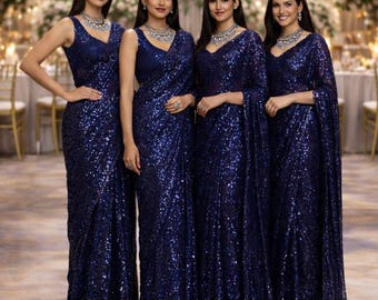 Blush Blue Georgette Ready To Wear Saree: Sequin Embroidery Indian Wedding Wear