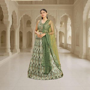 Green Lehenga Choli: Zari & Sequin Embroidery, Indian Wedding Wear