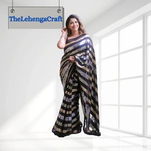 Black Georgette Saree: Embroidered Sequins, Ready to Wear, Stitched