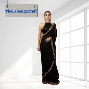 Black Georgette Ready To Wear Saree: Indian Wedding Wear, Sequence Dori Zari Work