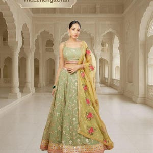 Pista Green Lehenga Choli: Indian Wedding Wear with Sequins & Embroidery
