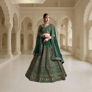 Green Sequins Embroidered Lehenga Choli: Indian Wedding Bridal Wear