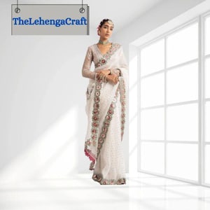 White Georgette Ready To Wear Saree: Mirror Work Indian Wedding Wear