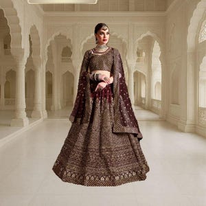 Maroon Lehenga Choli: Faux Georgette Zari Sequins Embroidery Indian Wedding Wear