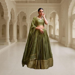 Green Faux Georgette Lehenga Choli: Indian Wedding Wear with Zari Weaving