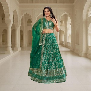 Rama Green Lehenga Choli: Georgette Indian Wedding Wear, Embroidery & Sequins