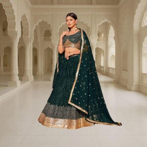 Green Lehenga Choli: Indian Wedding Wear, Faux Georgette Embroidery