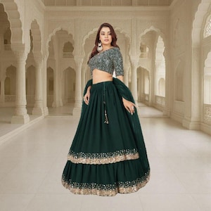 Green Lehenga Choli: Sequins Embroidery Indian Wedding Wear
