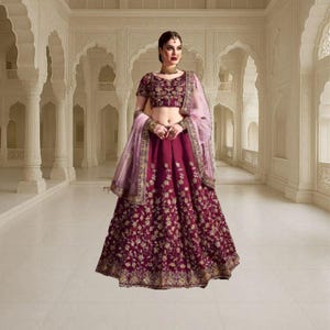 Maroon Lehenga Choli: Dori, Badla & Sequins Embroidery - Indian Wedding Wear