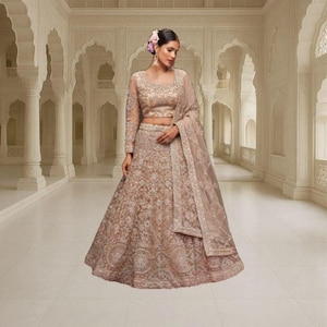 Beige Net Lehenga Choli: Indian Wedding Outfit with Embroidery