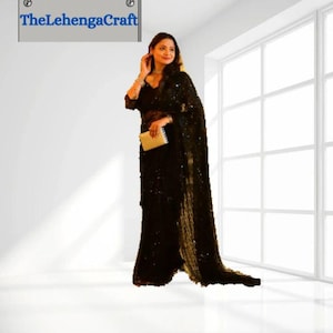 Black Butterfly Net Ready To Wear Saree For Women: Indian Wedding Wear, Sequence Embroidery