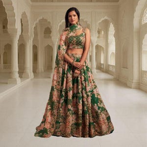 Green Organza Lehenga Choli: Sequins & Zari Embroidered Indian Wedding Wear