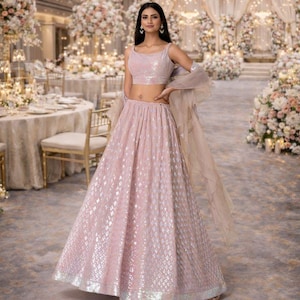 Blush Pink Ready To Wear Lehenga Choli For Women: Sequins & Thread Embroidery, Wedding Wear