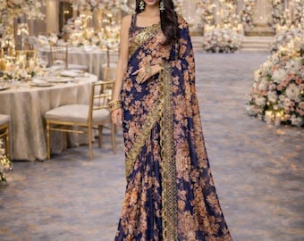 Purpul Organza Ready To Wear Saree: Sequins Embroidery, Indian Wedding Wear
