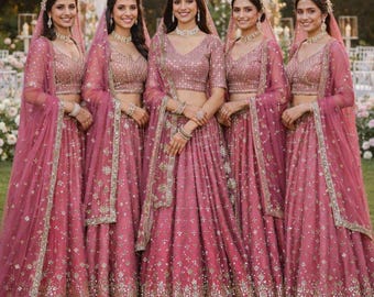 Peach Lehenga Choli : Mit Zari besticktes indisches Hochzeitsoutfit