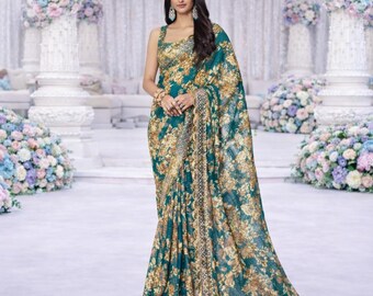 Teal Blue Organza Ready To Wear Saree: Sequins Embroidery, Indian Wedding Wear